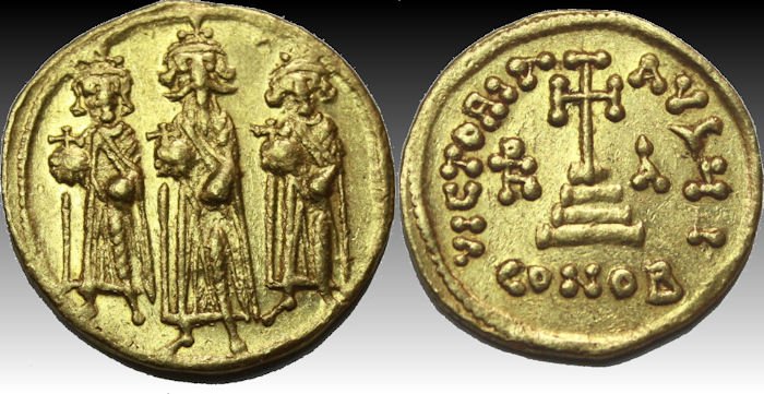 Byzantine Gold Solidus Heraclius and Constantine 610 AD: Byzantine Empire Gold Solidus Heraclius, with Heraclius Constantine and Heraclonas. 610-641. AV Solidus (19mm, 4.3 gm). Constantinople mint, 10th officina. Dated IY 11 (AD 637/8). Heraclonas, Heracliu