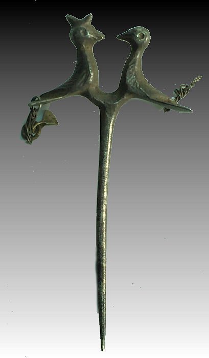 Roman Silver Pin with Kissing Birds, circa 1st - 4th Ce (1 of 1)