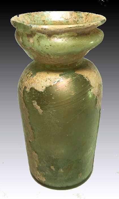 Ancient Roman Glass Bottle c.2nd century AD: Ancient Roman Glass Bottle c.2nd century AD. Great Looking Ancient blown glass bottle with beautiful iridescence. Intact. Size 4 3/8 inches high. This piece is part of the estate of David Liebert of T
