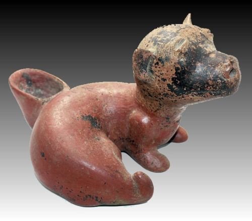 Ancient Pre Colombian Colima Curled Dog, Mexico: Ancient Pre Colombian Colima Curled Dog, Mexico Circa 100 B.C.-250 A.D. Size: 9 1/2 inches length x 5 5/8 inches high. Curled dog vessel, pottery with areas of red-brown, having a tall tapered spout. 