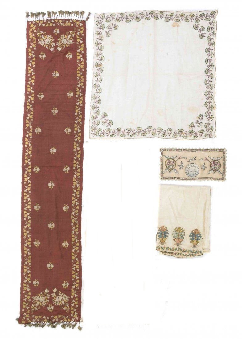 Lot of Four Islamic Middle Eastern Embroideries linens,: Lot of Four Islamic Middle Eastern Embroideries linens, c.19th century AD.comprising of table runners with metallic thread, an embroidered panel emblematic of peace and an embroidered tablecloth.Lengt