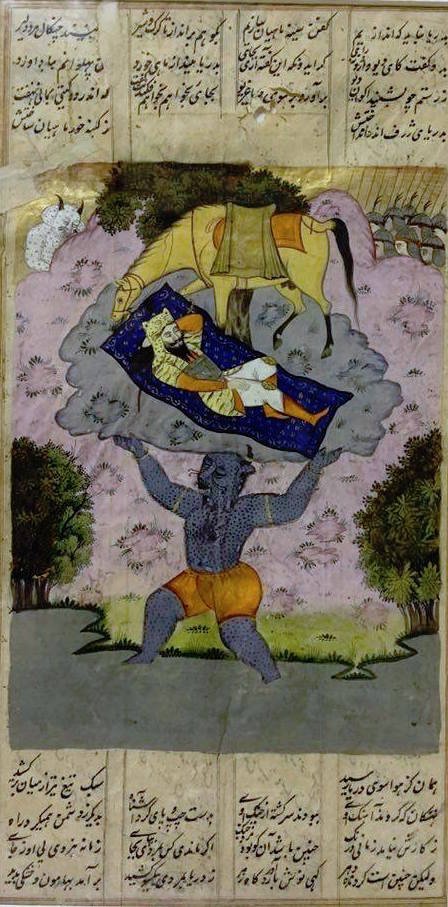 A folio from Indian shahnama, mid-19th century gouache: A folio from Indian shahnama, mid-19th century gouache with ink on paper, the illustration depicting a demon carrying prince while he is alseep, the text in columns of nastaliq script Size : 29.5 cm x