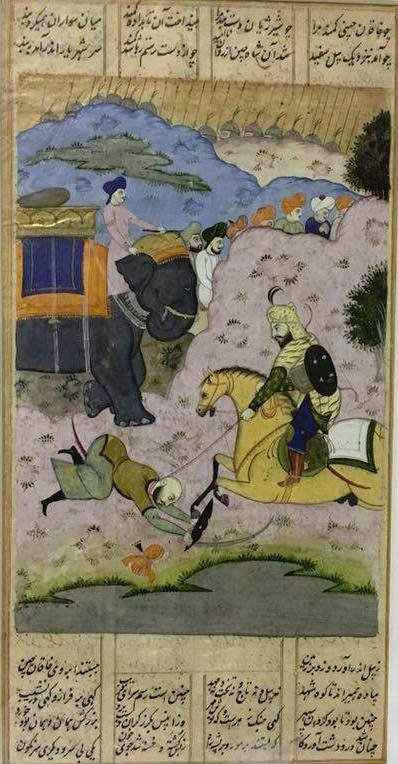 A folio from Indian shahnama, mid-19th century gouache: A folio from Indian shahnama, mid-19th century gouache with ink on paper, the illustration depicting a king on horse defeating a warrior , the text in columns of nastaliq script Size : 29.5 cm x 15.5