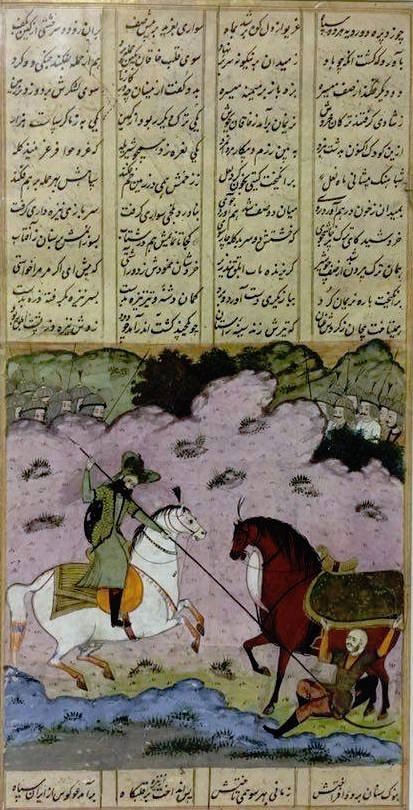 A folio from Indian shahnama, mid-19th century gouache: A folio from Indian shahnama, mid-19th century gouache with ink on paper, the illustration depicting a king on horse battling with a defeated warrior, the text in columns of nastaliq script . Size : 2