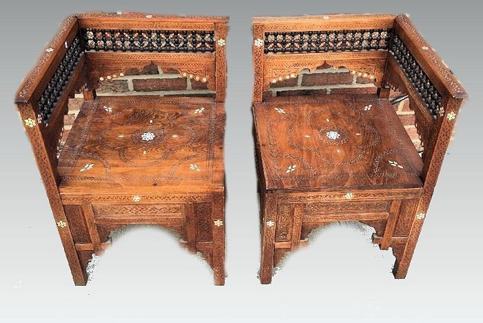 A Pair of Syrian Carved wood corner chairs inlaid with (1 of 2)