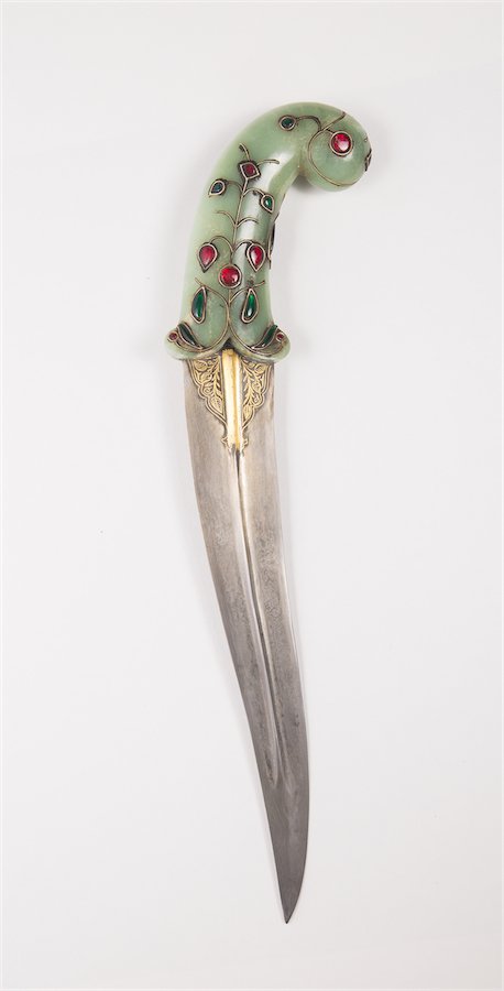 Mughal jem-set, jade-hilted dagger (khanjar) (1 of 2)