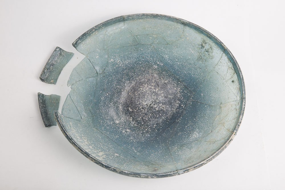 Ancient Islamic Shallow Glass BOWL c.8TH Century AD: Ancient Islamic Shallow Glass BOWL c.8TH Century AD. Size 11 5/8 inches diameter, 2 inches high. Broken and needs restoration. Rare.. Ex California Estate.