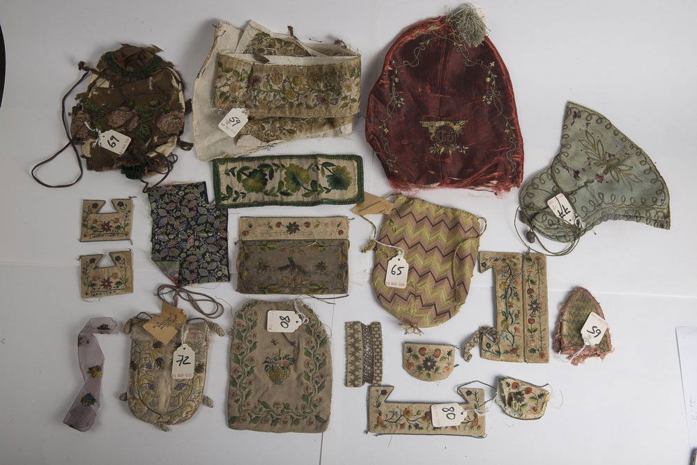 lot of 20 Embroidered Silk Bags and fragments c.18th ce (1 of 1)