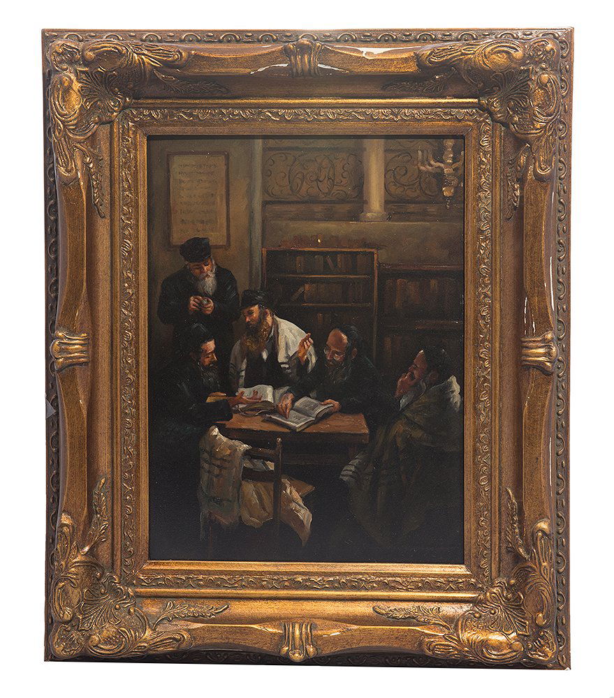 Judaica, Oil On Brass, painting Of Rabbis studying (1 of 1)