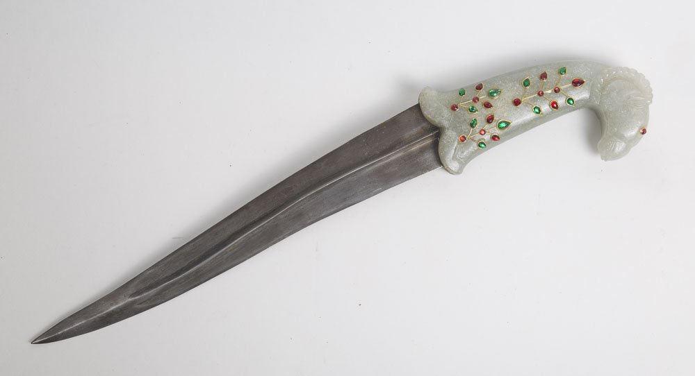Mughal jem-set, jade-hilted dagger (khanjar) . (1 of 2)