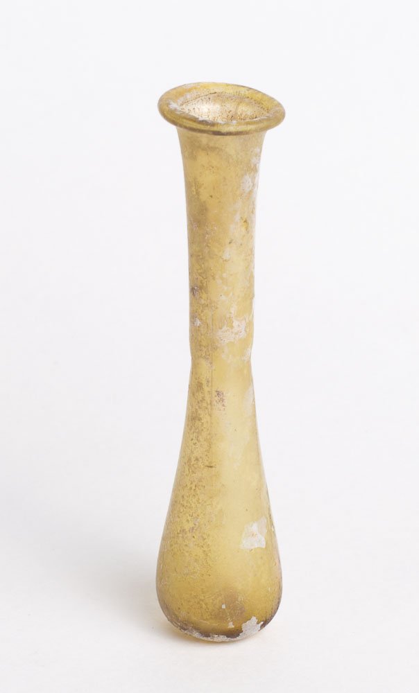 Ancient Roman yellow glass bottle c.2nd-3rd cent AD: Ancient Roman yellow glass bottle c.2nd-3rd cent AD. Size 2 5/8 inches high. Nice form of Ancient Roman blown glass bottle with nice patina. Condition: Perfect. Provenance: Ex Thomas Cederlind Estate,