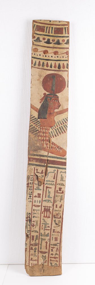 Ancient Egyptian Wood Panel with Hieroglyphs c.200 BC: Ancient Egyptian Wood Panel with Hieroglyphs c.200 BC. Size 39 inches high x 6 1/8 inches wide. Beautiful Ancient Egyptian Sarcophagus Fragment depicting Winged goddess Maat and hieroglyphic inscripti