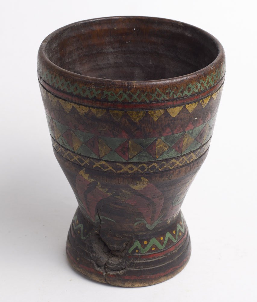 Scandinavian wood mortar EX Philips London: Scandinavian wood mortar EX Philips London. Size 5 3/4 inches high x 4 3/8 inches diameter. Antique wood morter decorated with multi color design. Ex Philips London.