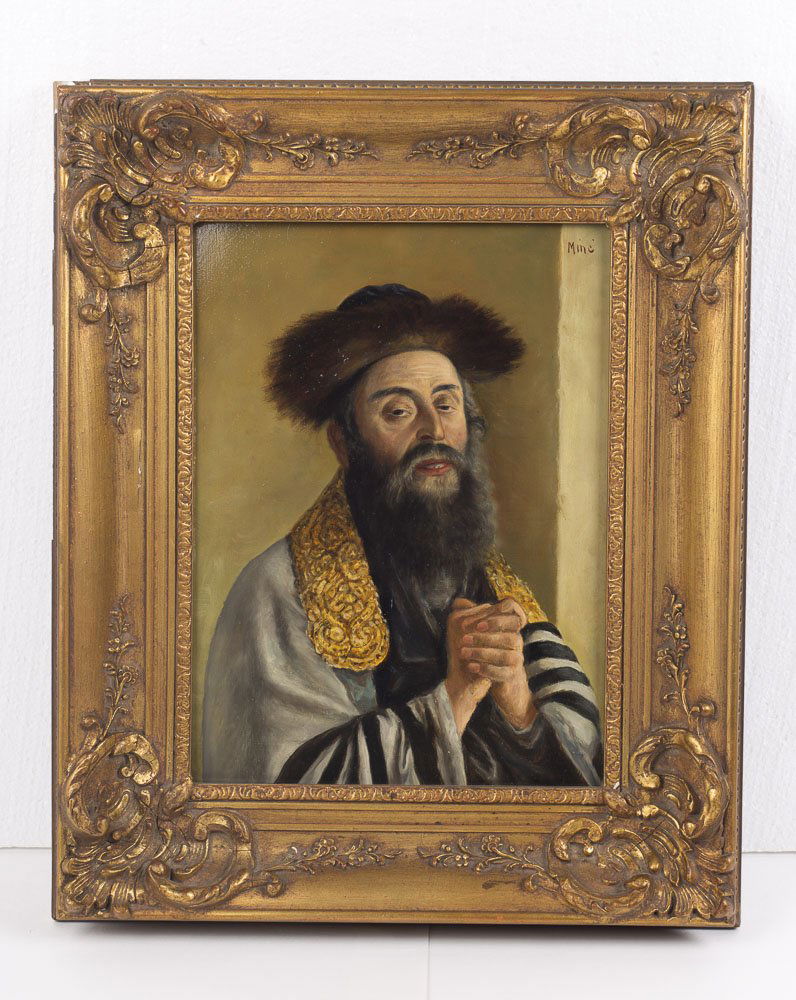 Judaica Painting on Board Casper Mine France: Judaica Painting on Board Casper Mine France. Size 17 1/4 x 14 1/4 inches. Fine Judaica Painting of A Rabbi Signed. Mine upper right corner. frame corner of frame chipped otherwise in good condition.