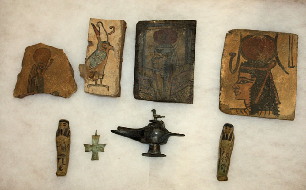 Lot of 8 Misc Egyptian Style Wood Panels, Ushabti, Lamp (1 of 2)