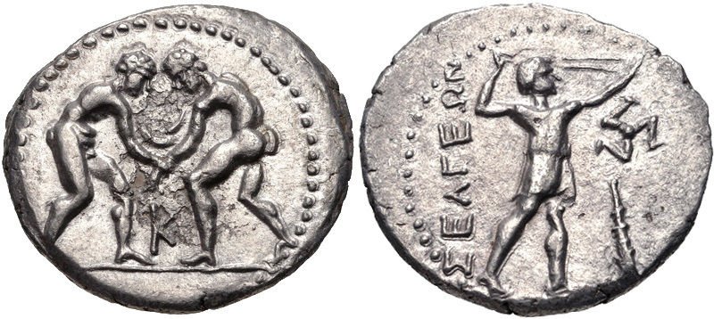 PISIDIA, Selge. C.325-250 BC. AR Stater Naked Wrestlers: PISIDIA, Selge. C.325-250 BC. AR Silver Stater Naked Wrestlers (24mm, 9.98 g, 12h). Two wrestlers grappling; K between / ΣΕΛΓΕΩΝ, Slinger standing right; to right, c