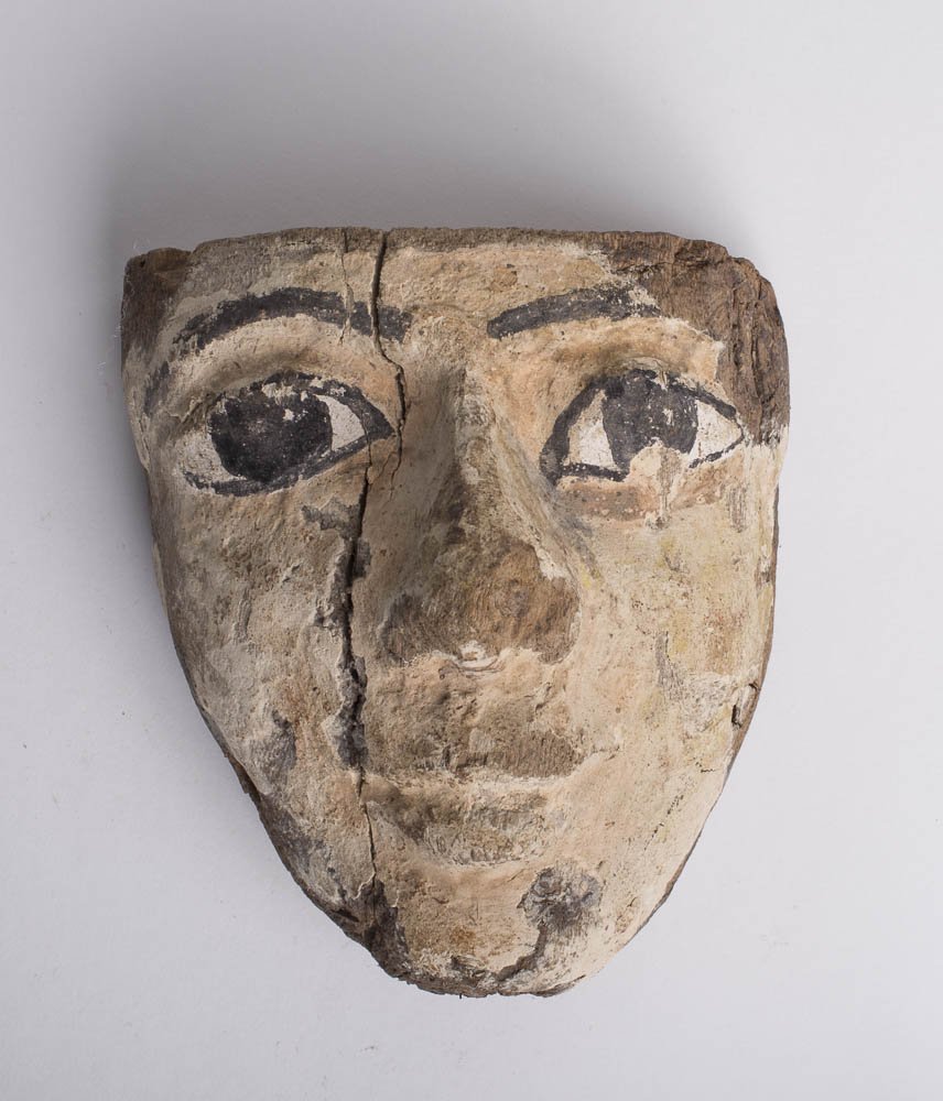 Ancient Egyptian Wood Mask THIRD INTERMEDIATE PERIOD: Ancient Egyptian Wood Mask THIRD INTERMEDIATE PERIOD, 22ND DYNASTY, 945-715 B.C. Size: 5 inches high x 4 1/4 inches. Beautiful yellow painted gesso wooden sarcophagus mask with painted white and black