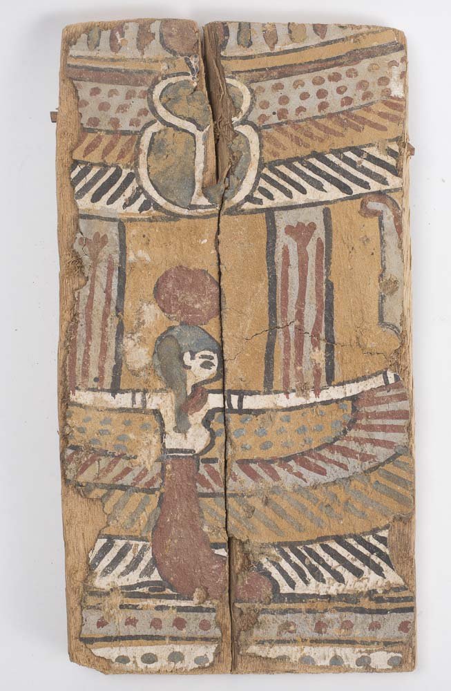 Ancient Egyptian Wood Panel Late Period c.600 BC.: Ancient Egyptian Wood Panel Late Period c.600 BC. Size 11 3/8 inches high x 6 1/4 inches wide. A wooden fragment from a sarcophagus panel with painted red yellow and white gesso of kneeling winged fig