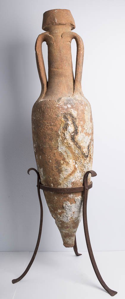 Large Ancient Roman Ship Wreck Pottery amphora c.1st Ce: Large Ancient Roman Ship Wreck Pottery amphora c.1st Cent AD. Size of the Amphora 43 1/2 inches high. In stand total height 48 1/2". A Large Double handled Pottery Amphora used for wine transportation
