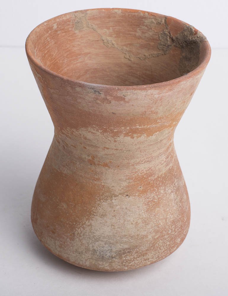 Ancient Bronze Age Terracotta Cup ca.2500 BC.: Ancient Bronze Age Terracotta Cup, ca.2500 BC. Size 5 inches high x 3 3/4 inches diameter. a Delicate thin terracotta cup. Ancient Holy Land.repaired from few small pieces with visible crack lines. Pr