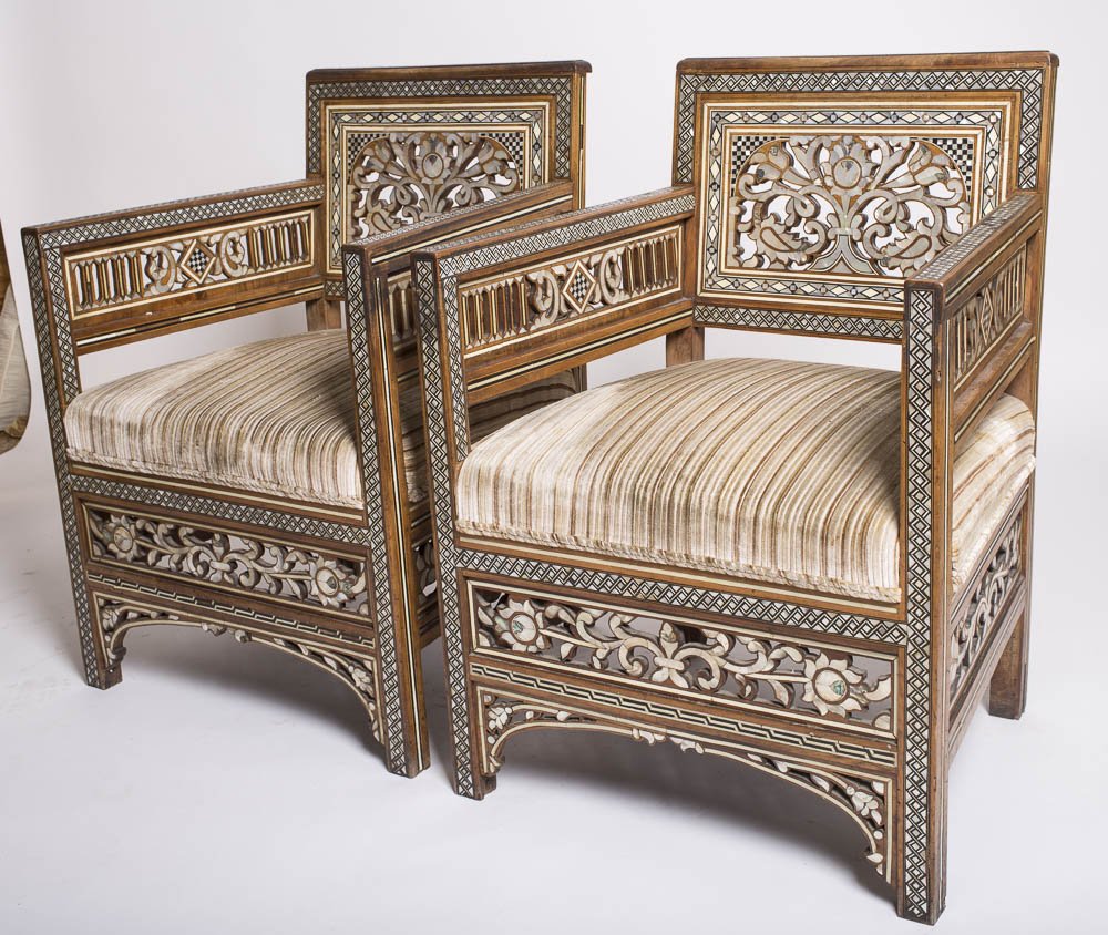 Pair of Ottoman Syrian Bone and Mother-of-Pearl Chairs: A Pair of Ottoman Syrian Bone and Mother-of-Pearl Inlaid Arm Chairs. Size 24 1/4 inches wide x 20 1/4 inches deep x 34 1/4 inches high. Antique 19h century Turkish Ottoman Syrian Bone-Mounted and Moth