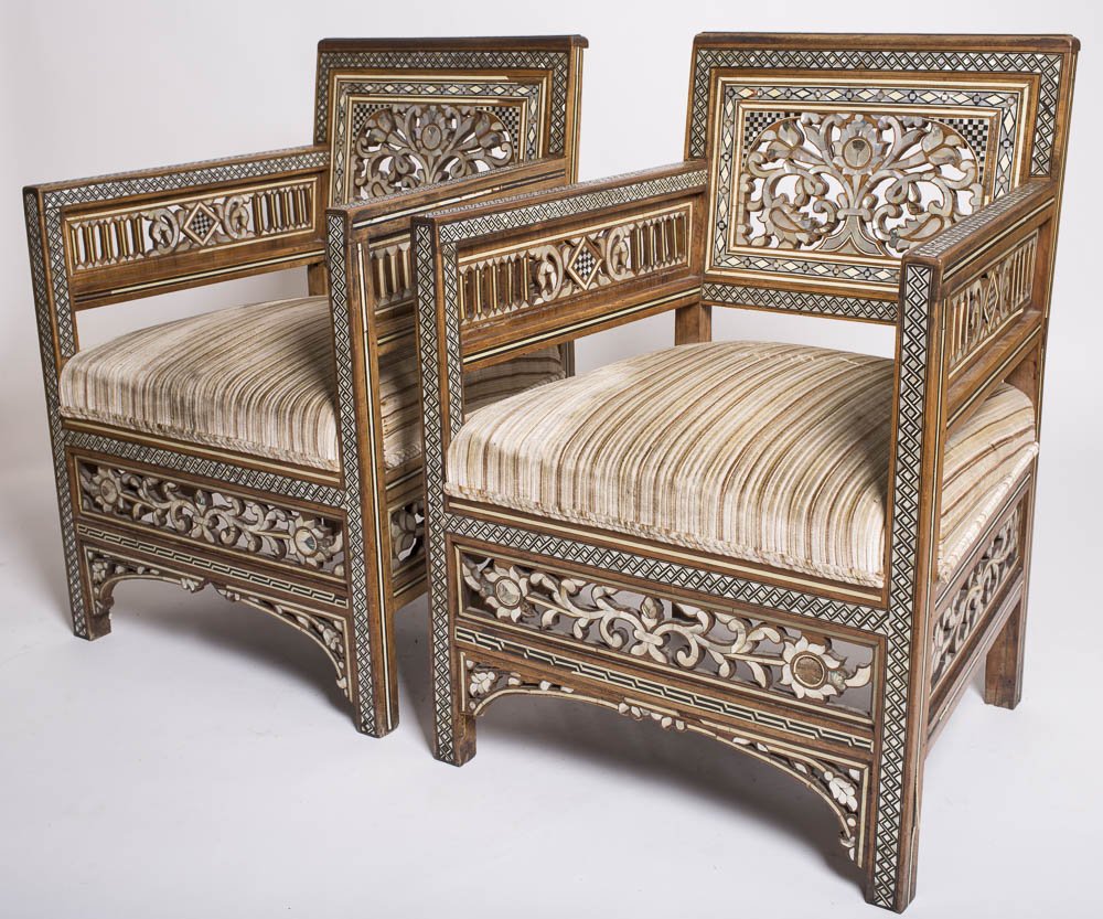 Pair of Ottoman Syrian Bone and Mother-of-Pearl Chairs: A Pair of Ottoman Syrian Bone and Mother-of-Pearl Inlaid Arm Chairs. Size 24 1/4 inches wide x 20 1/4 inches deep x 34 1/4 inches high. Antique 19h century Turkish Ottoman Syrian Bone-Mounted and Moth