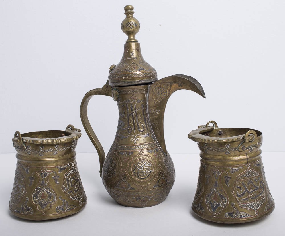 Lot of 3 Cairo ware Syrian Silver Inlaid Coffee Jug (1 of 2)