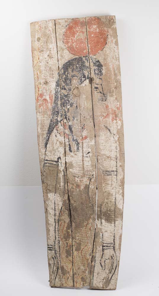 Ancient Egyptian Wood Panel with Isis c.600 BC.: Ancient Egyptian Wood Panel with Isis c.600 BC. Size 38 1/2 inches high x 12 1/4 inches wide. A wooden fragment from a sarcophagus panel with painted red and white gesso of a standing figure of Isis w