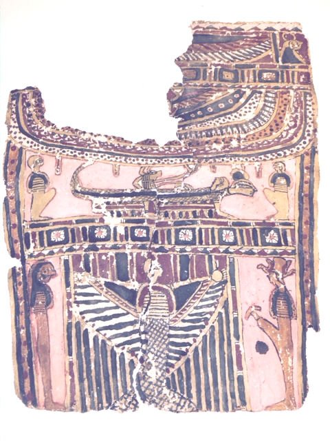 Ancient Egyptian Cartonnage Panel fragment c.300 BC.: Ancient Egyptian Cartonnage linen fragment c.300 BC. Size 24 1/4 inches high x 11 inches wide. depicts winged Isis facing right between two figures, the middle section with a boat carrying a mummy wit