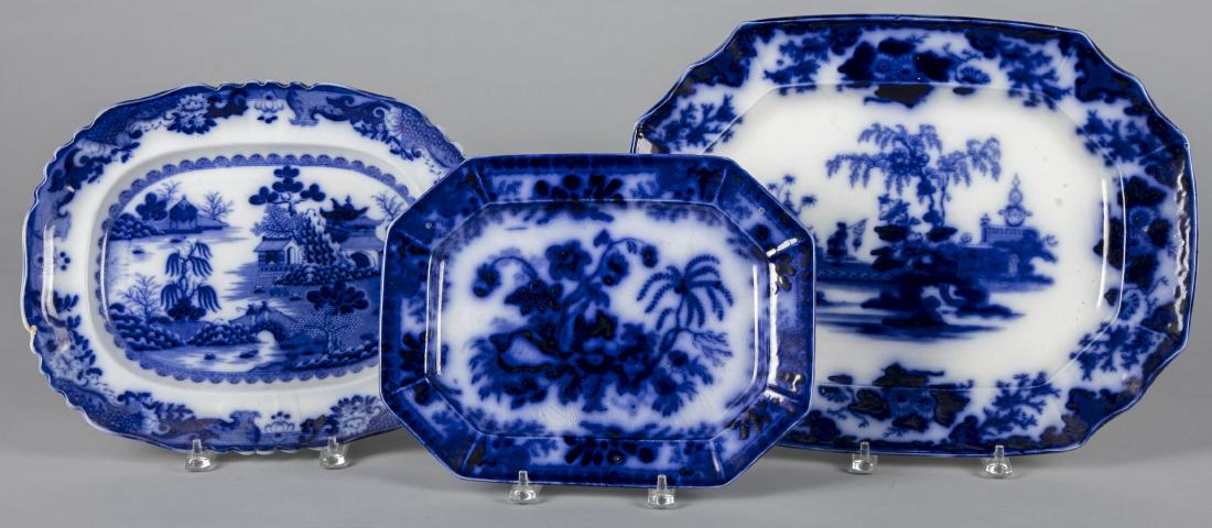 Three flow blue platters, largest - 14'' l., 18 1/ (1 of 1)
