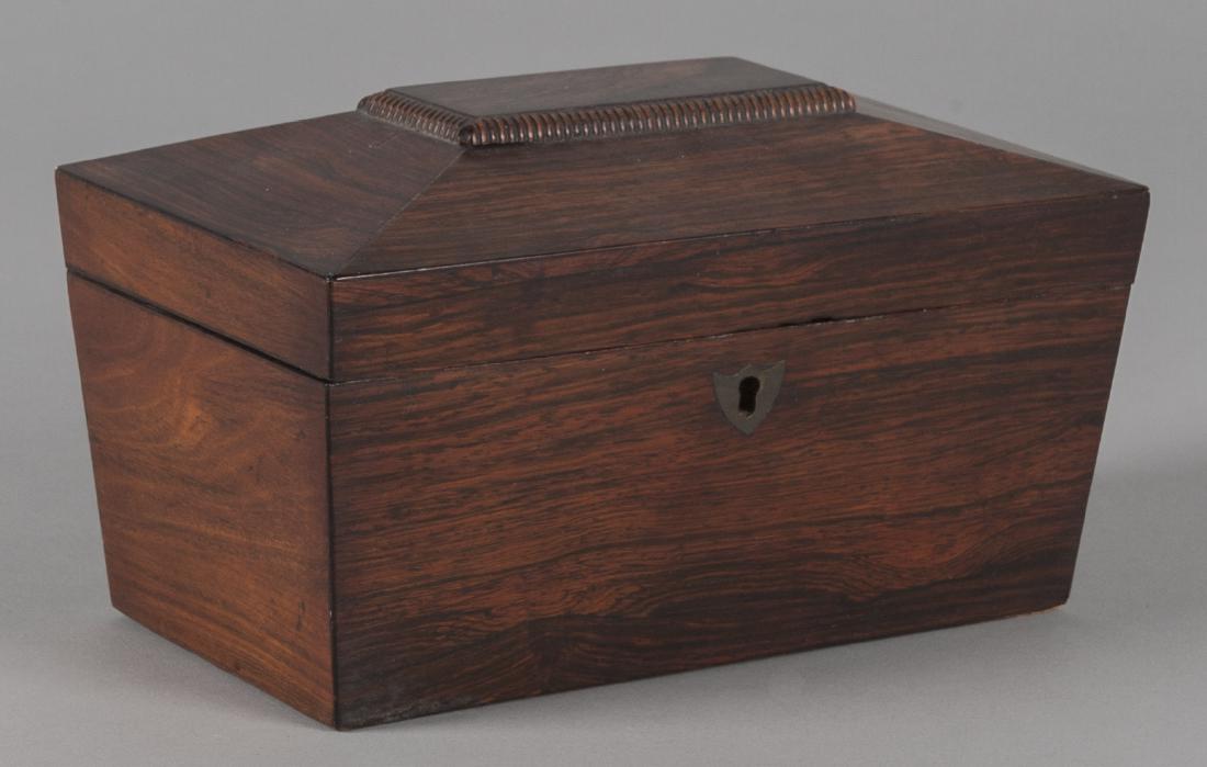 Regency rosewood tea caddy, ca. 1820, with a fitt (1 of 2)