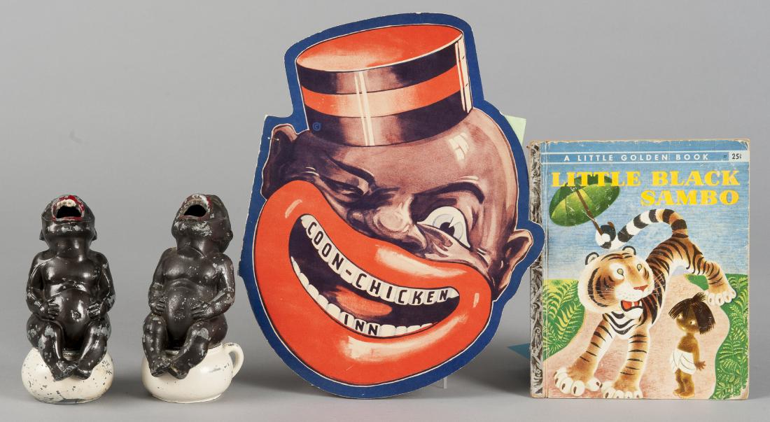 Black Americana items, to include two painted spe: Black Americana items, to include two painted spelter kids on a chamber pot, 6 1/4'' h., a Little Black Sambo book, and a Coon Chicken Inn menu.