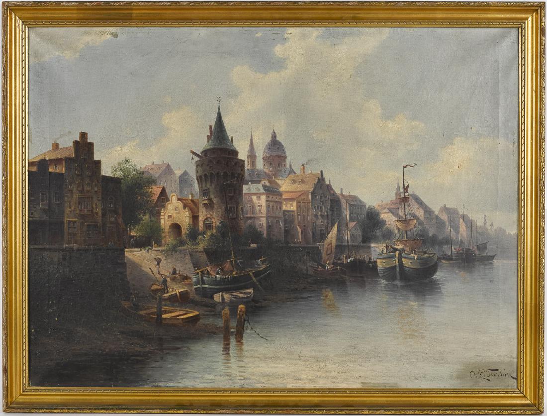 Continental oil on canvas harbor scene, late 19th (1 of 1)