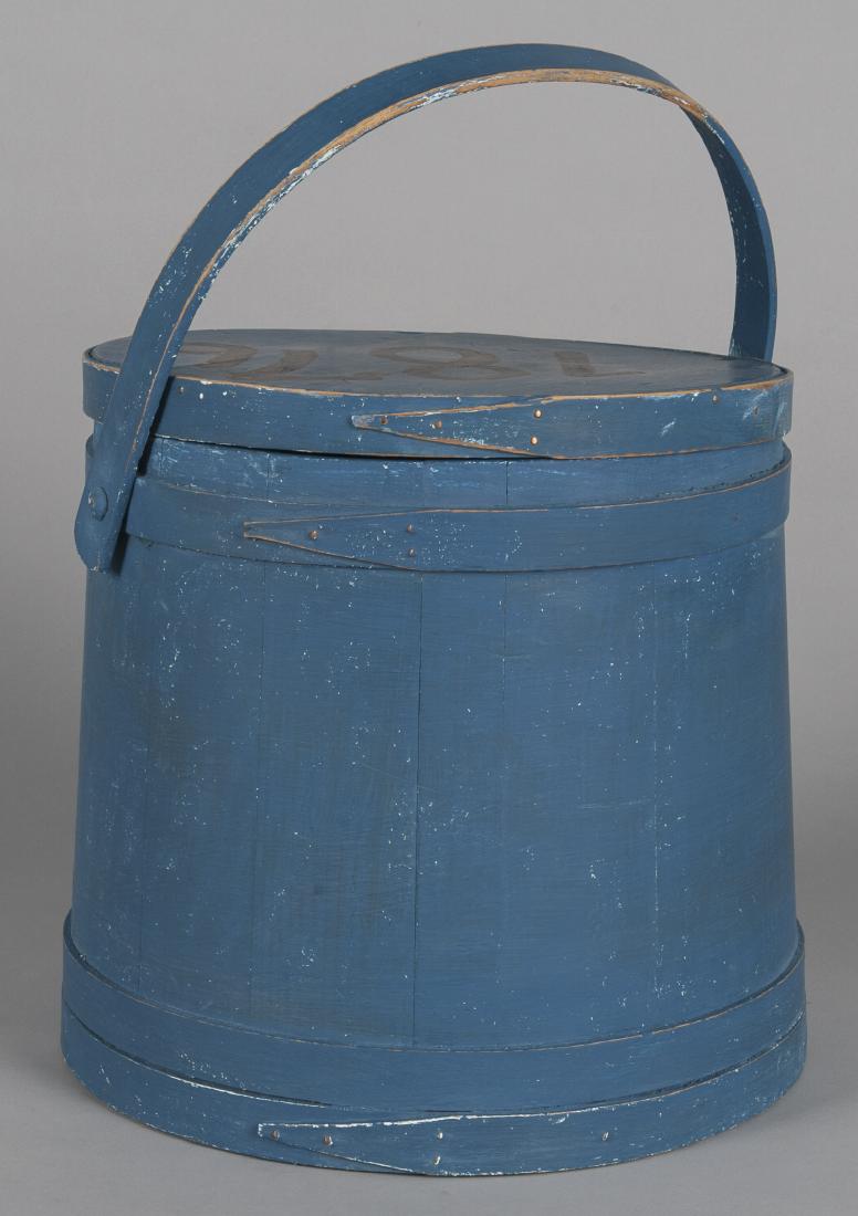 Painted pine firkin, 20th c., in blue paint, 13 3: Painted pine firkin, 20th c., in blue paint, 13 3/4'' h,