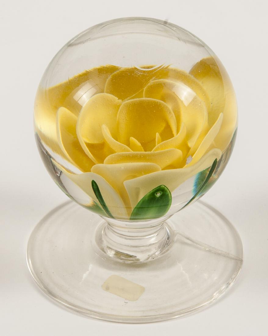 Pairpoint yellow crimp rose pedestal paperweight,: Pairpoint yellow crimp rose pedestal paperweight, with a wide base, signed, 3 1/8'' dia. Provenance: Jim Lefever collection.
