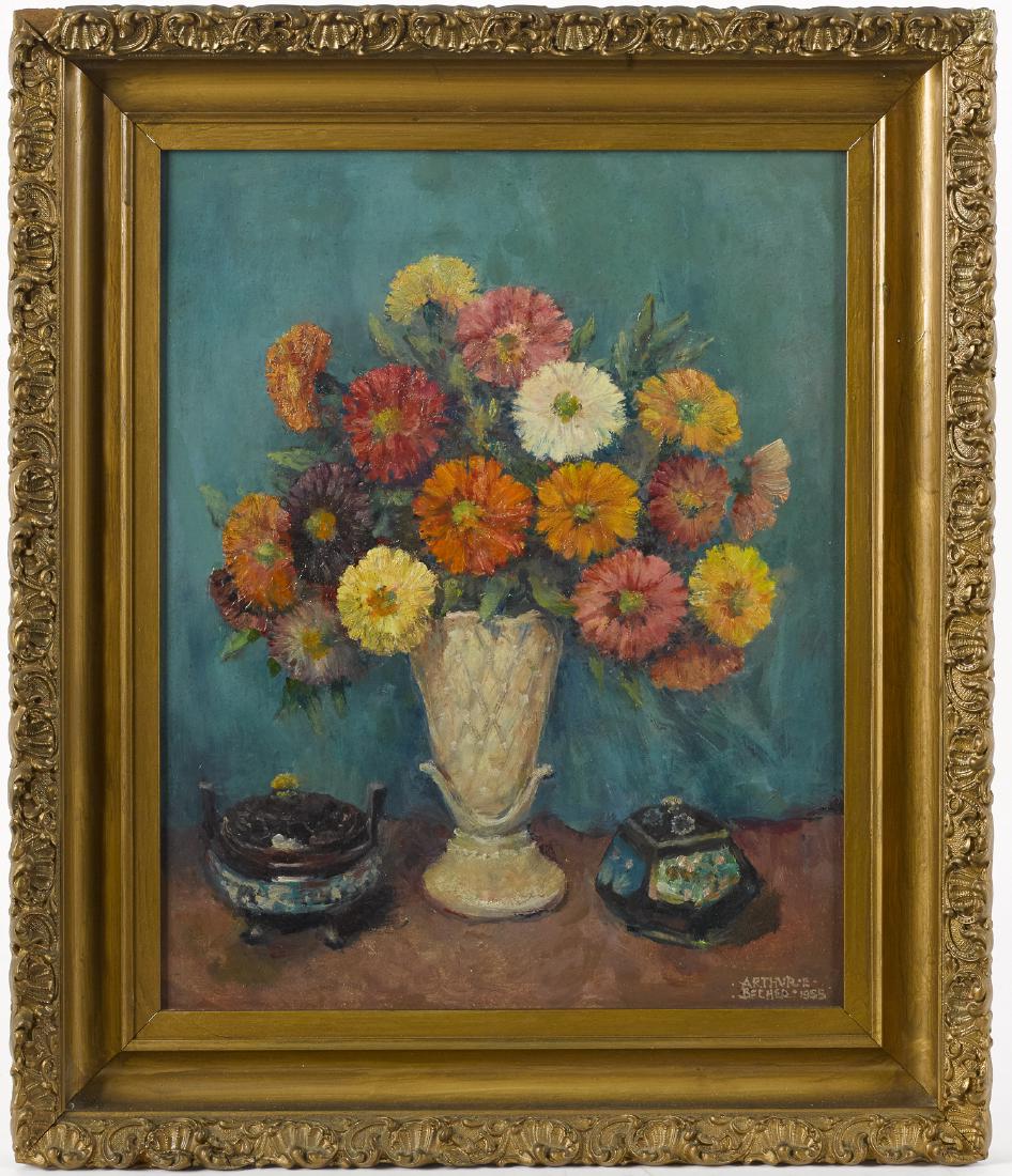 Arthur Ernst Becher (American 1877-1960), oil on: Arthur Ernst Becher (American 1877-1960), oil on board still life, signed lower right, 20'' x 16''.