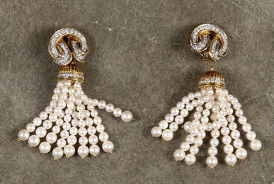 18K yellow gold, diamond and pearl ear clips, eac