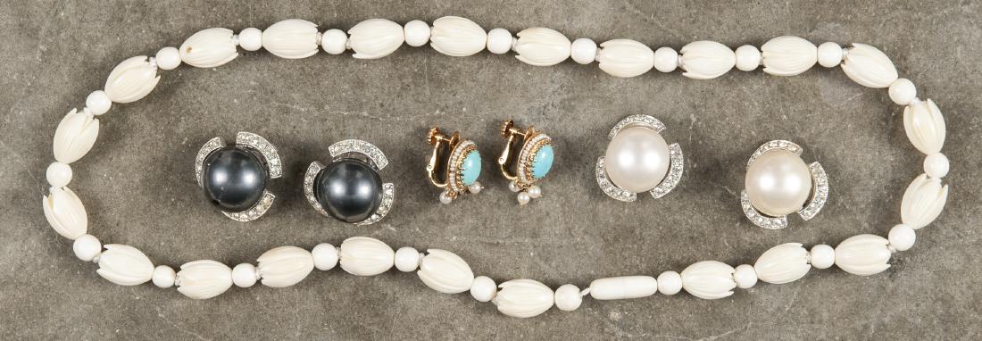14K yellow gold, turquoise and pearl ear clips, t: 14K yellow gold, turquoise and pearl ear clips, together with two pairs of Kenneth Lane costume pearl earl clips and a carved bone beaded necklace, 20'' l.