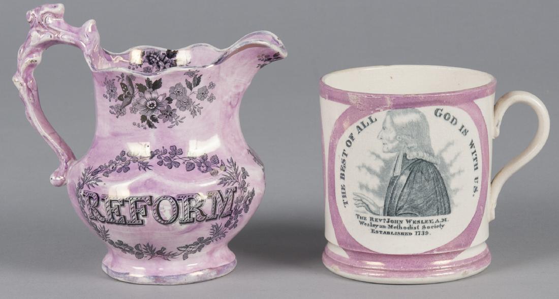 Pink lustre mug and pitcher, 19th c., with transf: Pink lustre mug and pitcher, 19th c., with transfer decoration of John Wesley and Lord Brougham, 4 1/2'' h. and 6'' h.