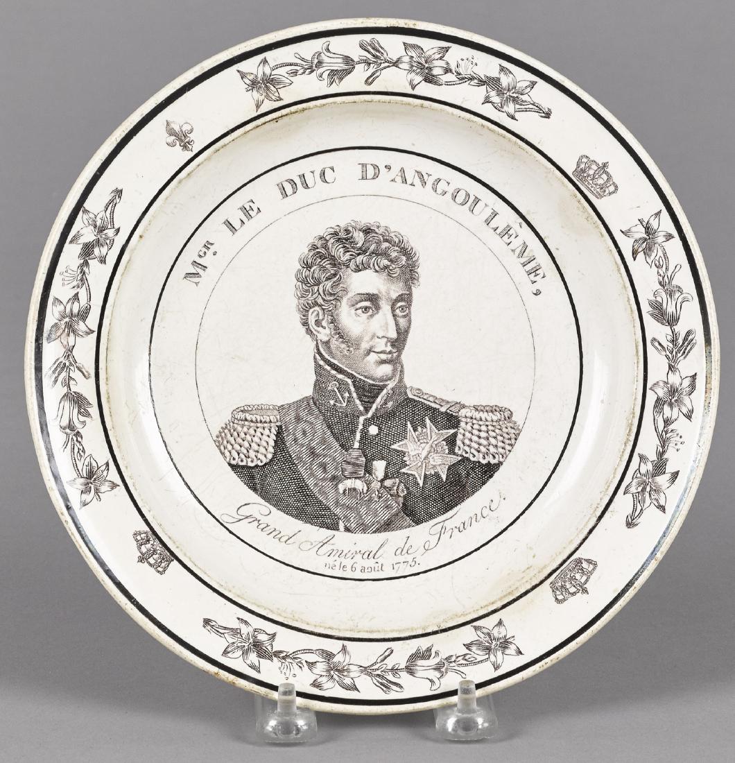 Creamware plate, ca. 1800, with transfer decorati: Creamware plate, ca. 1800, with transfer decoration of Mgr. Le Duc D'Angouleme, Grand Admiral de France, 8 1/2'' dia.