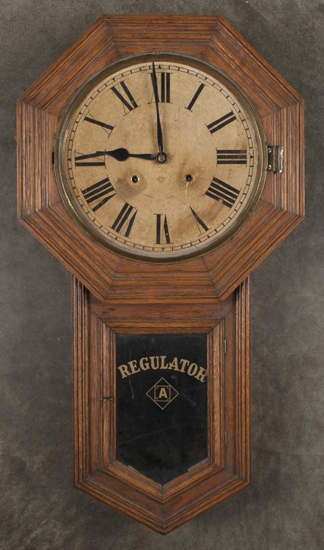 Ansonia oak regulator clock, 31 1/4'' h,: Ansonia oak regulator clock, 31 1/4'' h,