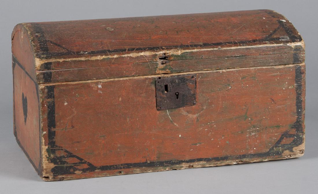 New England painted dome lid box, 19th c., 10 1/2: New England painted dome lid box, 19th c., 10 1/2'' h., 20'' w.