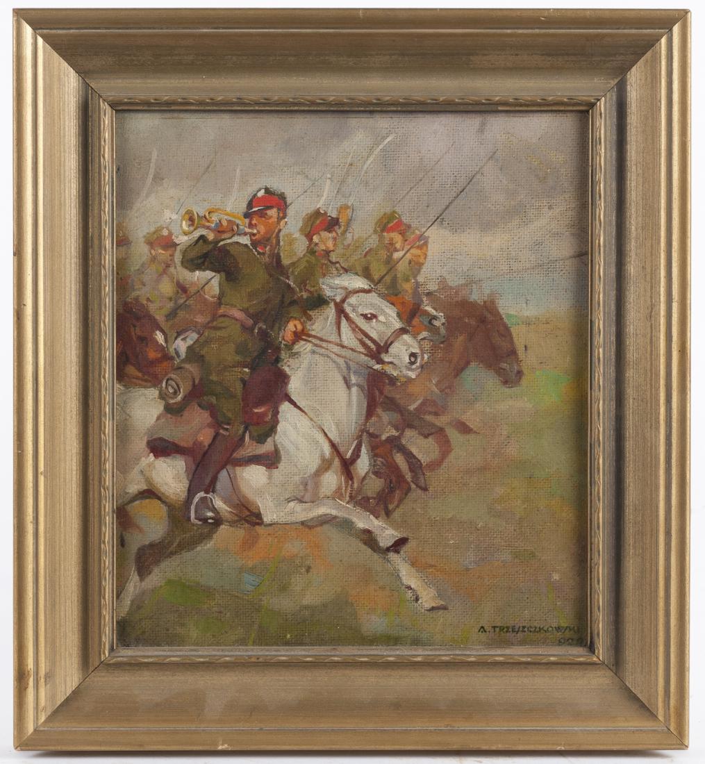 Antoni Trzeszczkowski (Polish 1902-1974), oil on: Antoni Trzeszczkowski (Polish 1902-1974), oil on board cavalry scene, signed lower right, 11'' x 9 3/4''.