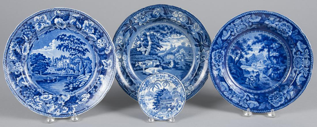 Three blue Staffordshire English scenery plates, (1 of 1)