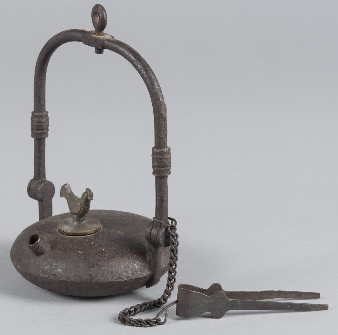 Iron fat lamp, 19th c., with brass bird finial an (1 of 1)