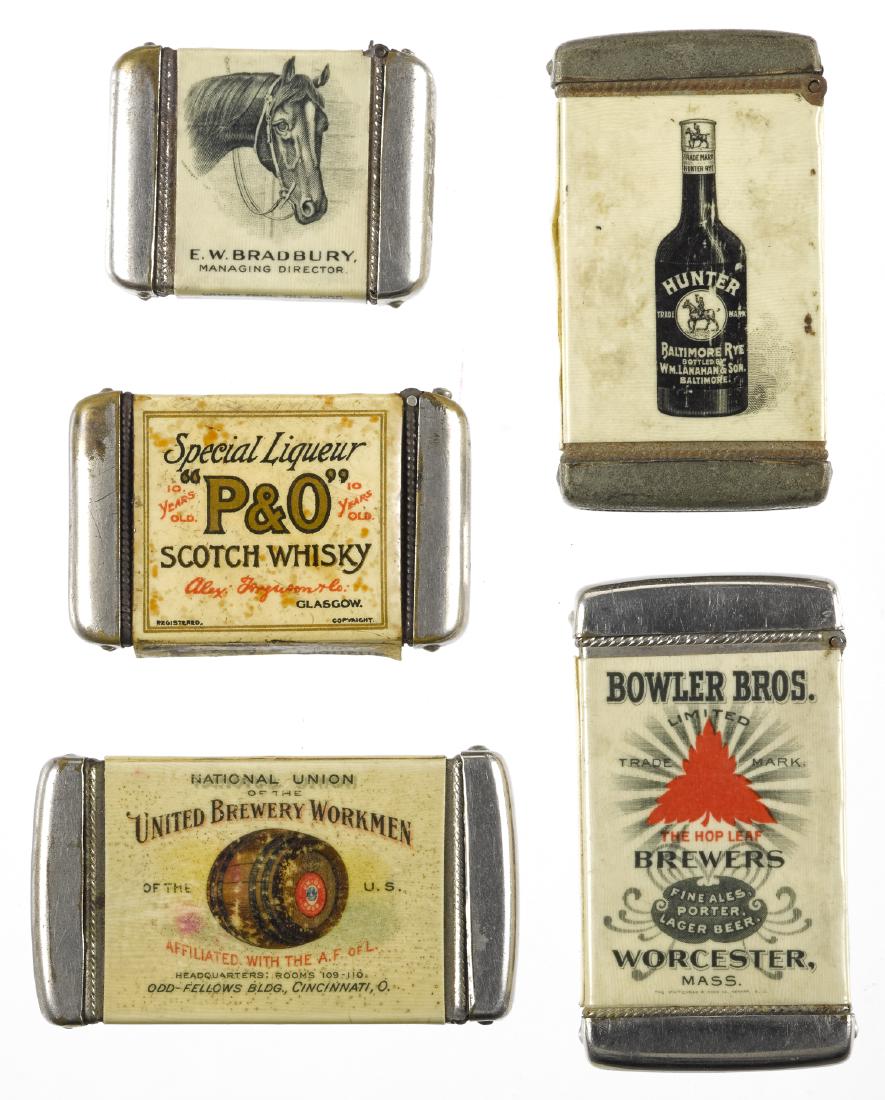 Five celluloid advertising match vesta safes, to (1 of 2)