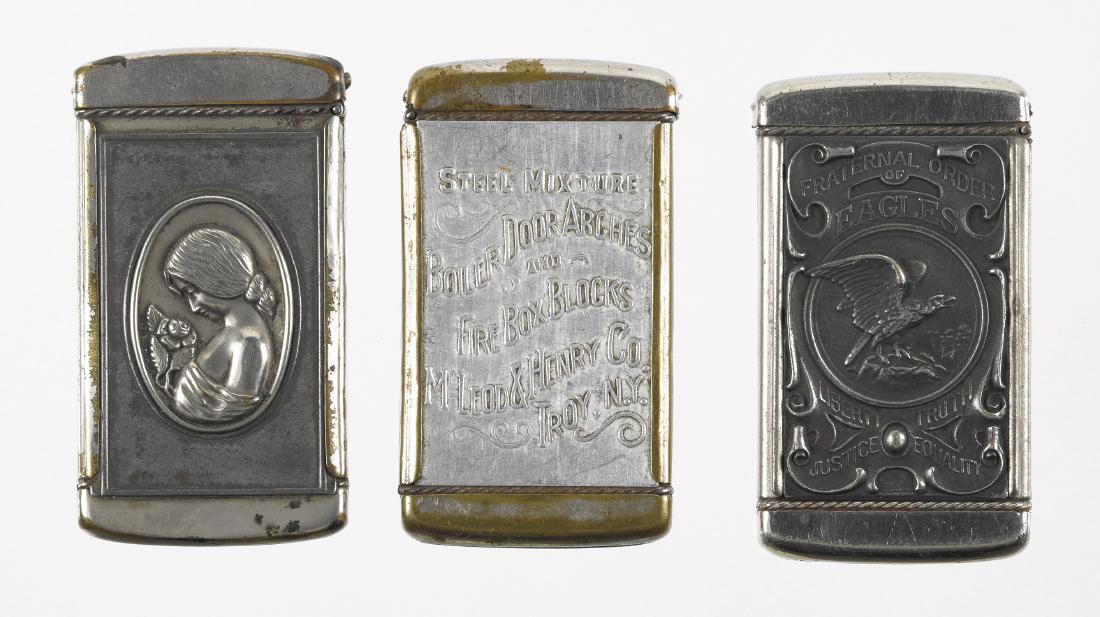 Three nickel plated advertising match vesta safes (1 of 1)
