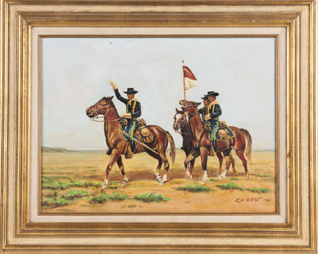 Oil on canvas western landscape with cavalry, sig: Oil on canvas western landscape with cavalry, signed L. H. Best 1991, 18'' x 24''.