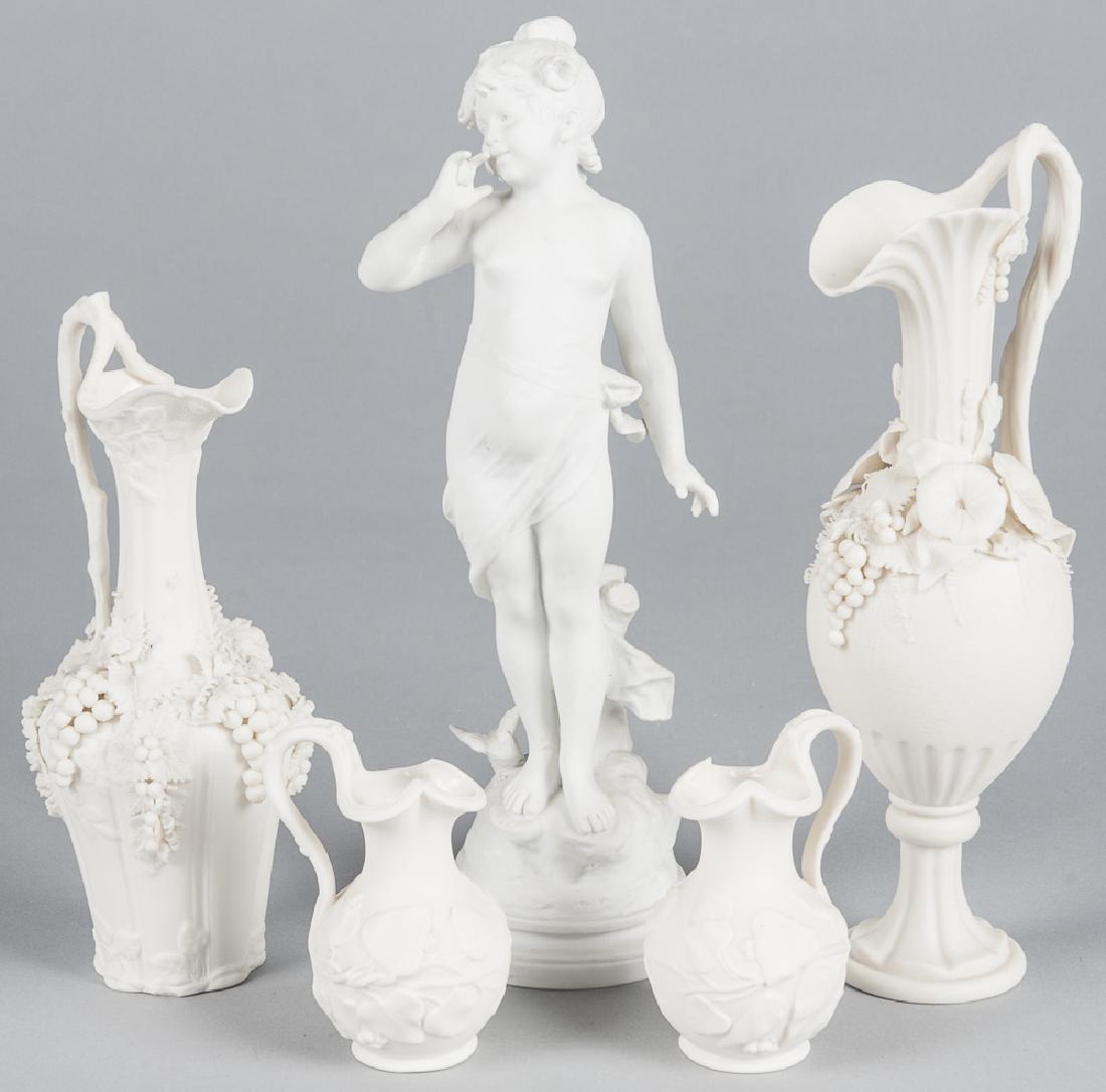 Parian figure of a young girl, 12 1/4'' h., togeth: Parian figure of a young girl, 12 1/4'' h., together with a pair of ewers and a pair of creamers.