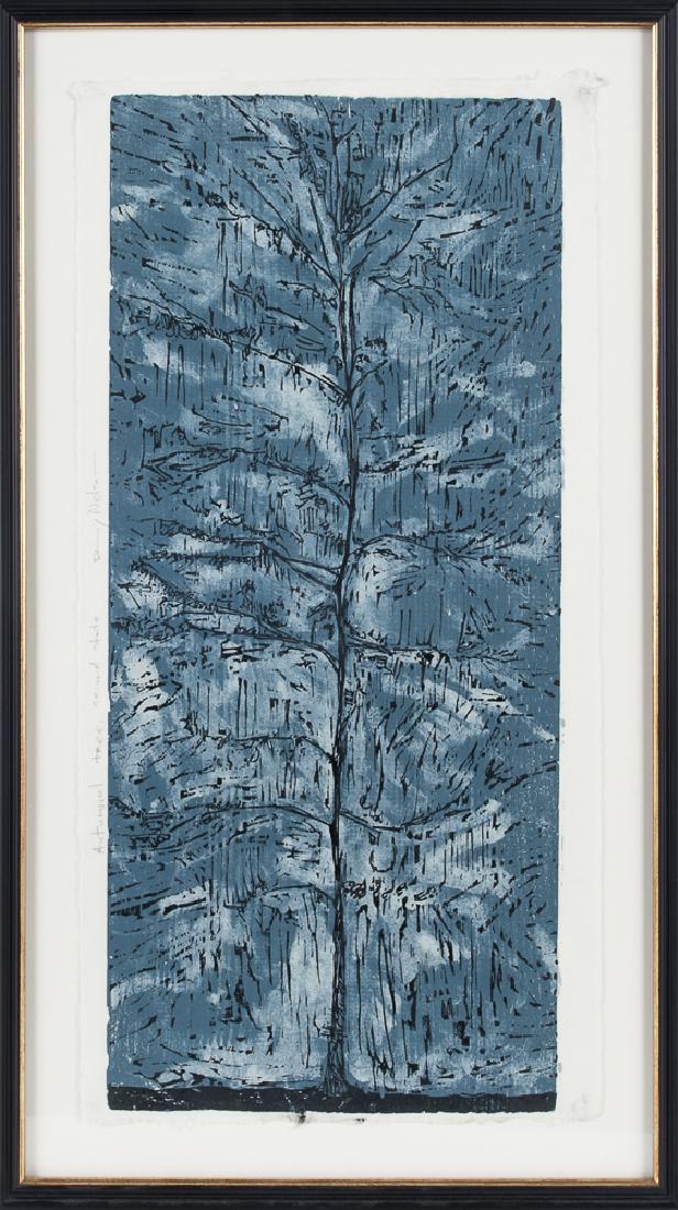 Woodblock titled, Autumnal Tree, signed D. Nel: Woodblock titled, Autumnal Tree, signed D. Nelson ?, 25'' x 11''.
